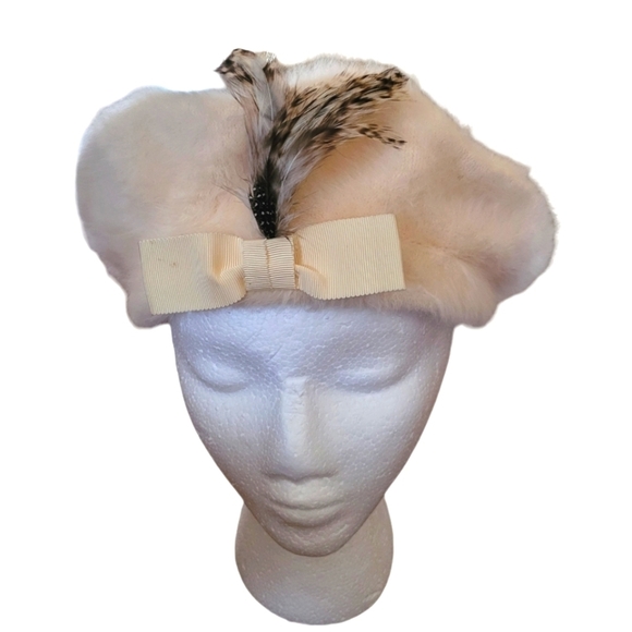 Vintage - Cream Angora Feather‎ Bow Beret - Picture 3 of 4